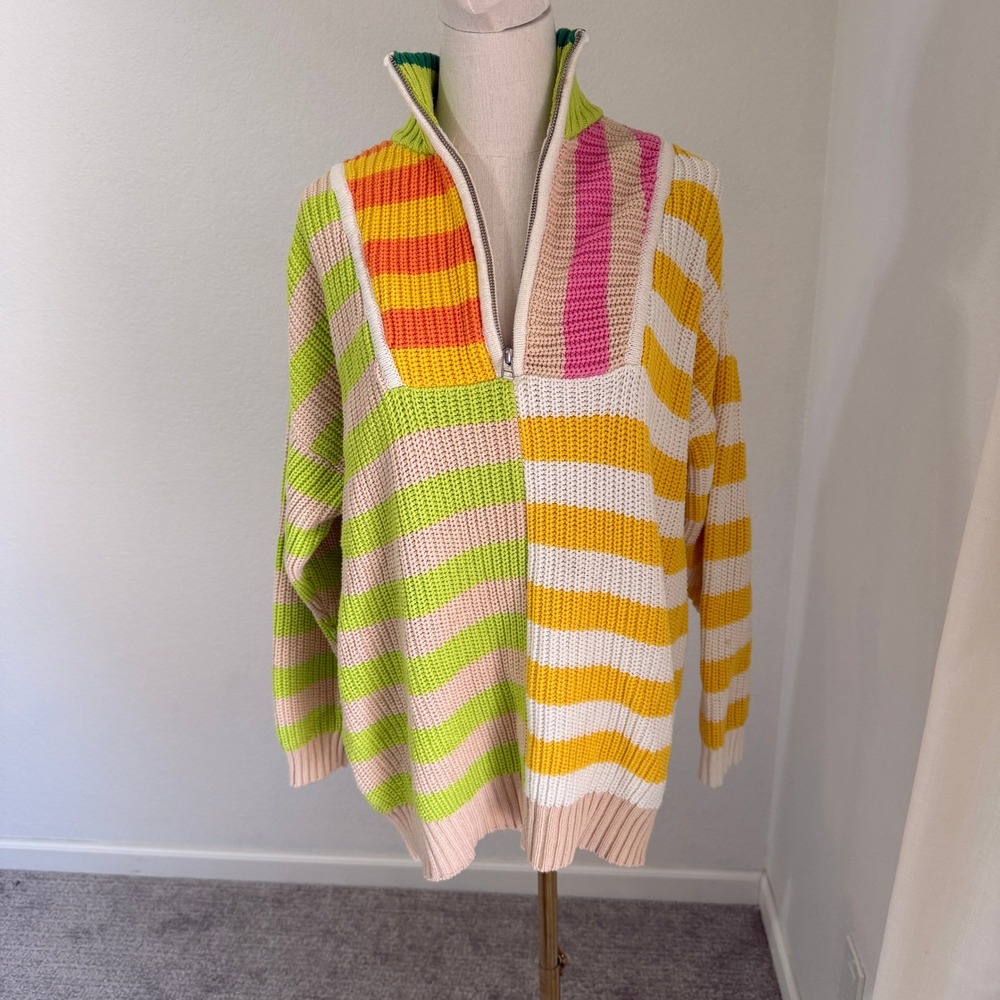 STAUD Hampton Colorblock Striped Quarter Zip Sweater Dopamine Maximal Bold Funky
